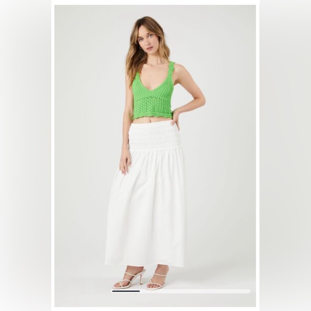 Forever 21 White Smocked Poplin Midi Skirt